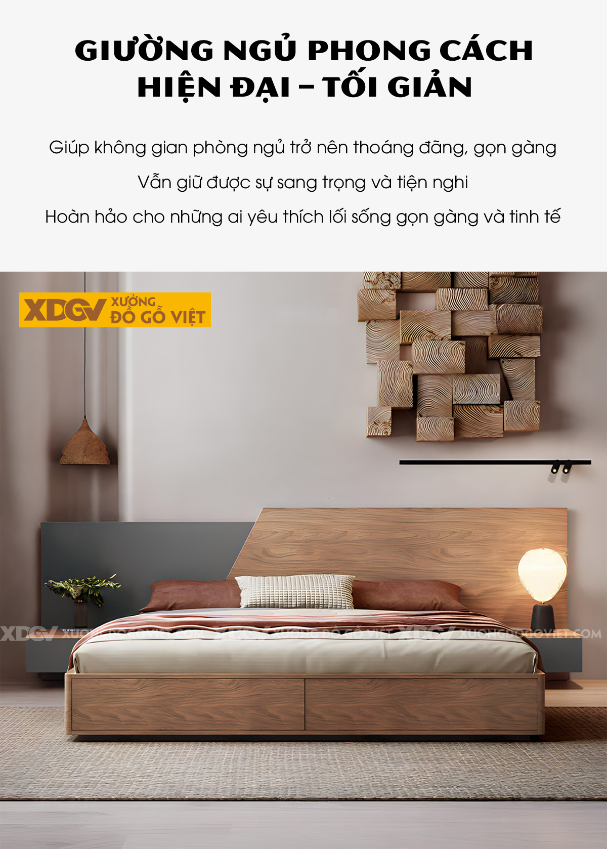Giường Ngủ Gỗ Veneer Sồi Giấu Chân Kết Hợp Tủ Đầu Giường