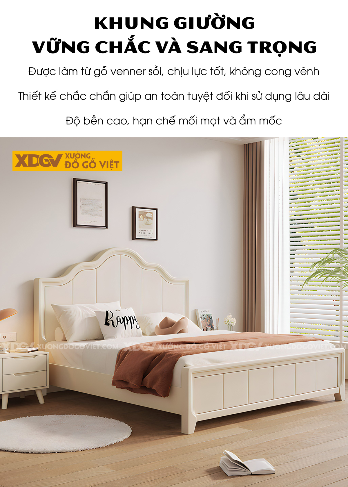 Giường Ngủ Gỗ Veneer Sồi Tân Cổ Điển Chỉ Dọc Đầu Gợn Sóng