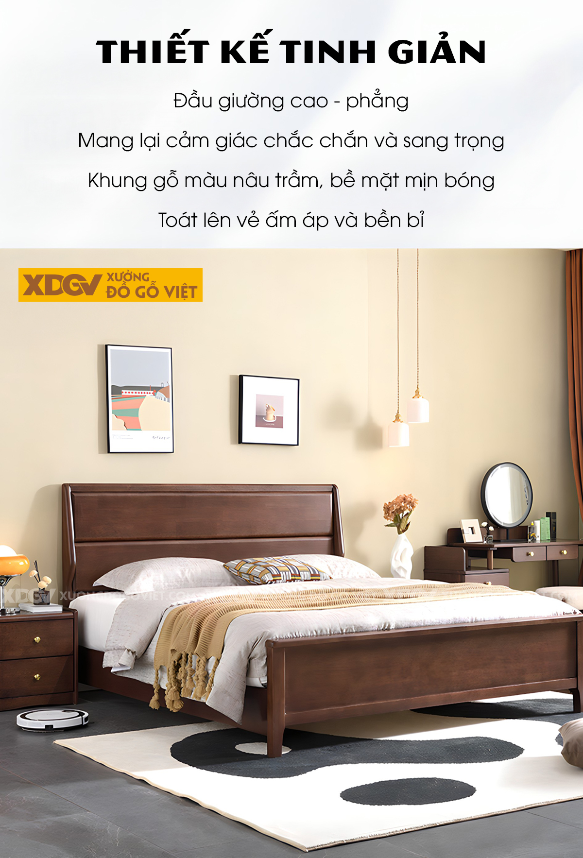 Giường Ngủ Gỗ Xoan Đào Khung Pano Đầu Kẻ Chỉ Ngang 2 Tầng