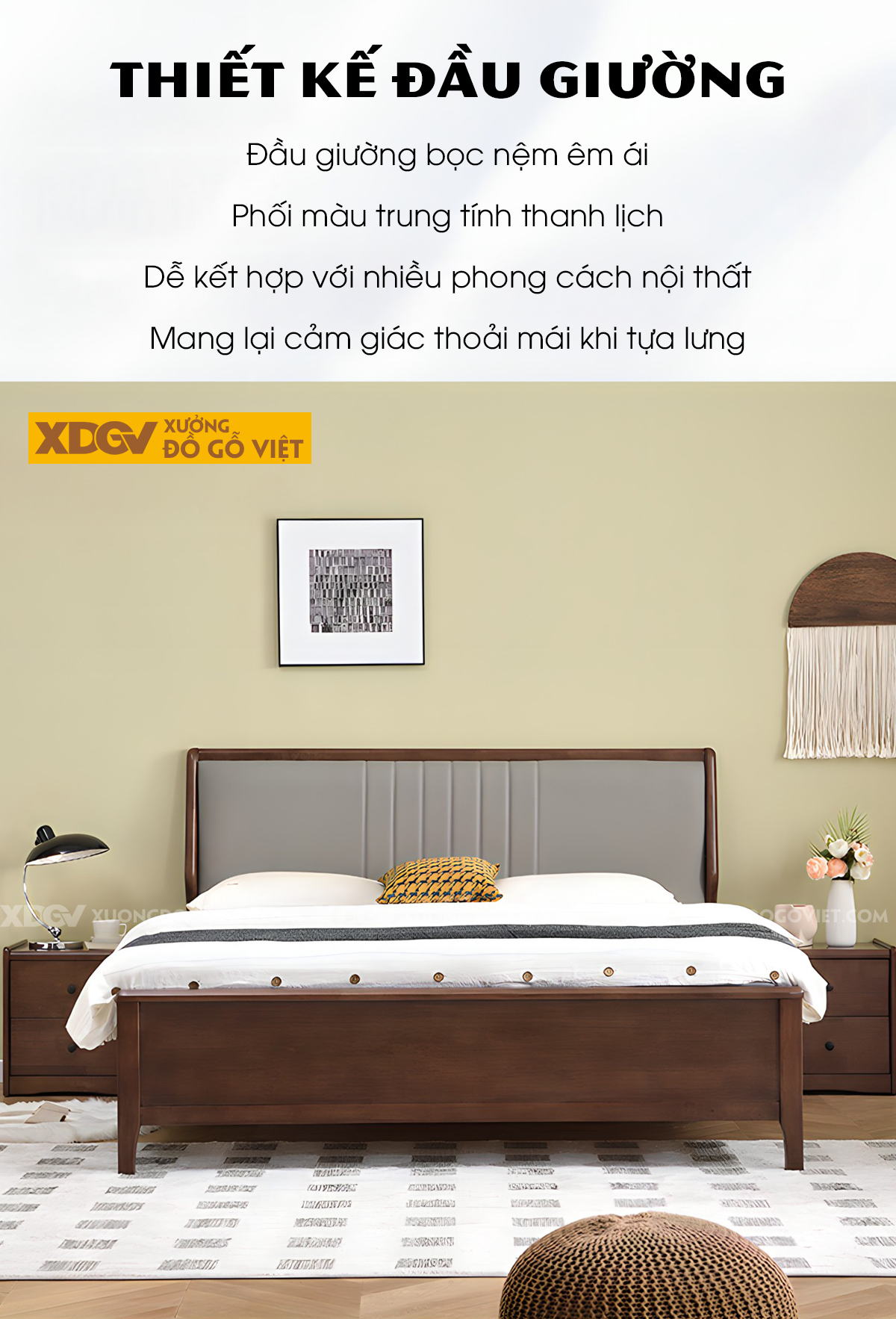 Giường Ngủ Gỗ Xoan Đào Khung Pano Đầu Kẻ Chỉ Ngang 2 Tầng