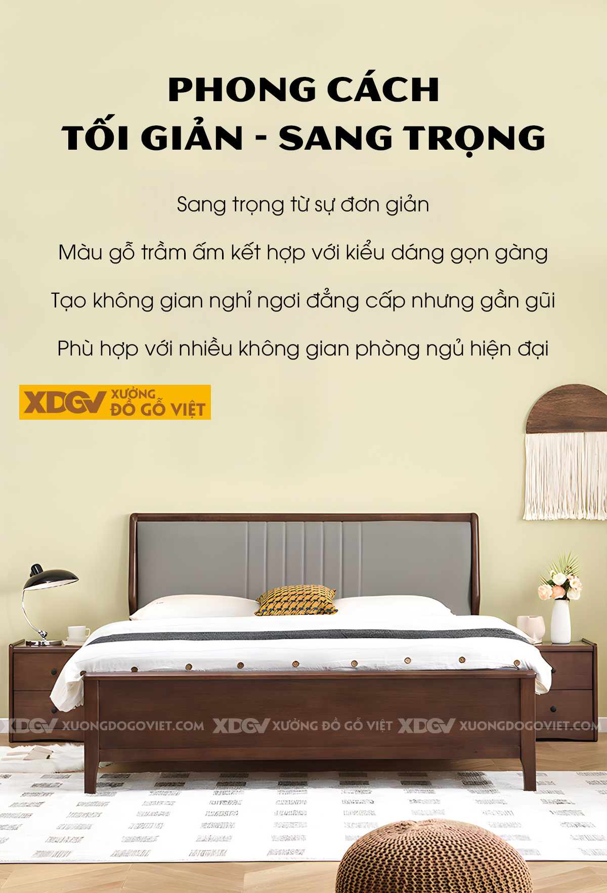 Giường Ngủ Gỗ Xoan Đào Khung Pano Đầu Kẻ Chỉ Ngang 2 Tầng