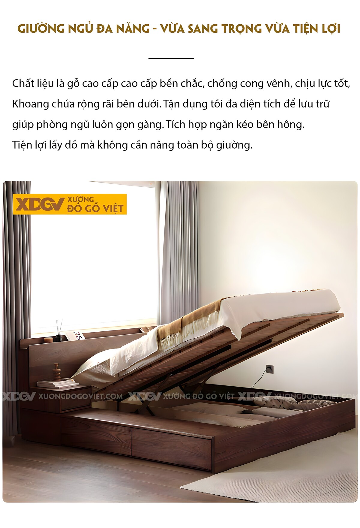 Giường Ngủ Hộp Gỗ Veneer Óc Chó Hộc Lật Kèm Kệ Tủ Đầu Giường