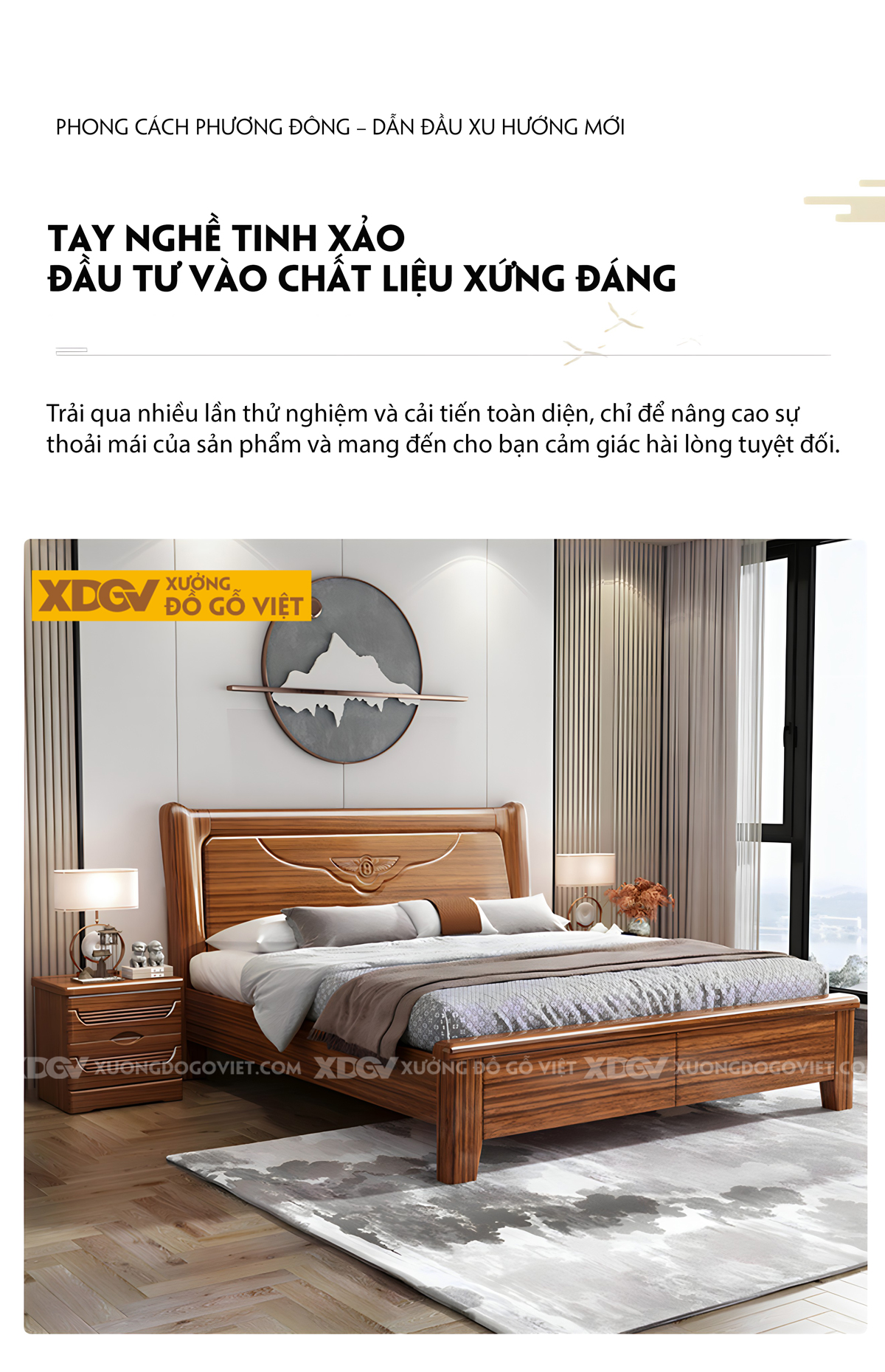 Giường Ngủ Lim Hiện Đại Gỗ Dày Đầu Dáng Cánh Chim Cách Điệu