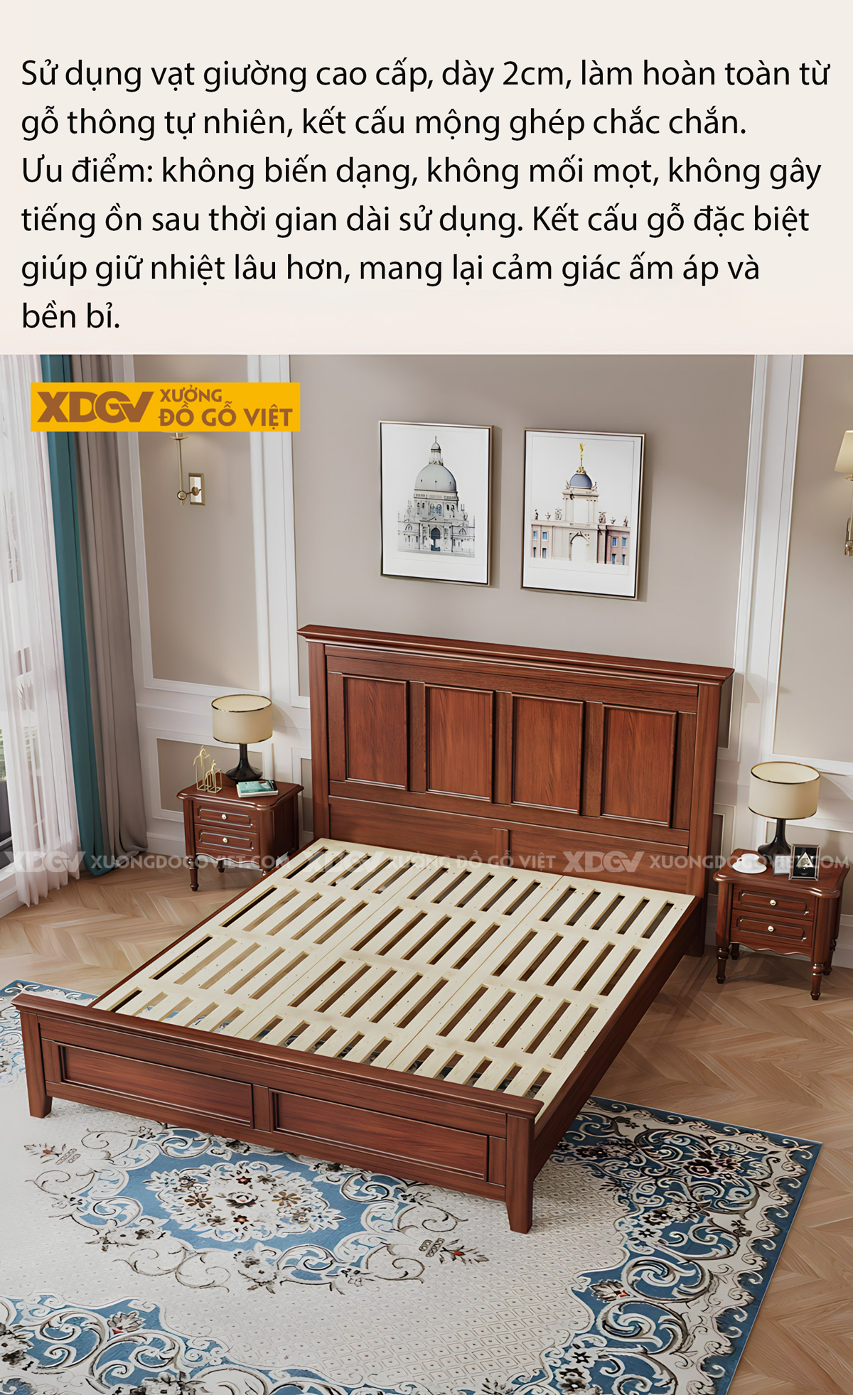 Giường Ngủ Lim Thịt Tân Cổ Điển Khung Gỗ Pano Phào Chỉ