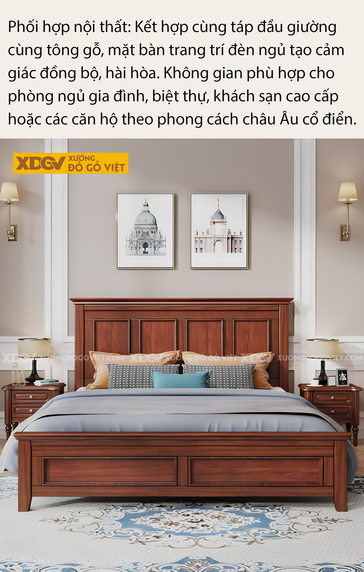 Giường Ngủ Lim Thịt Tân Cổ Điển Khung Gỗ Pano Phào Chỉ