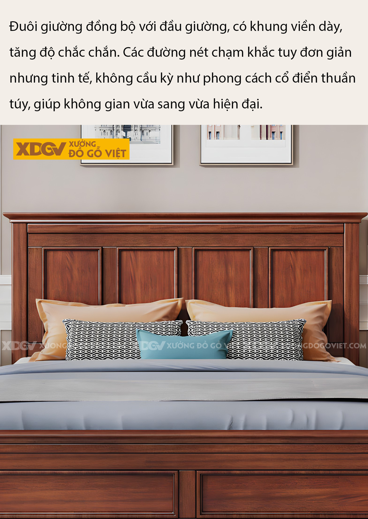 Giường Ngủ Lim Thịt Tân Cổ Điển Khung Gỗ Pano Phào Chỉ