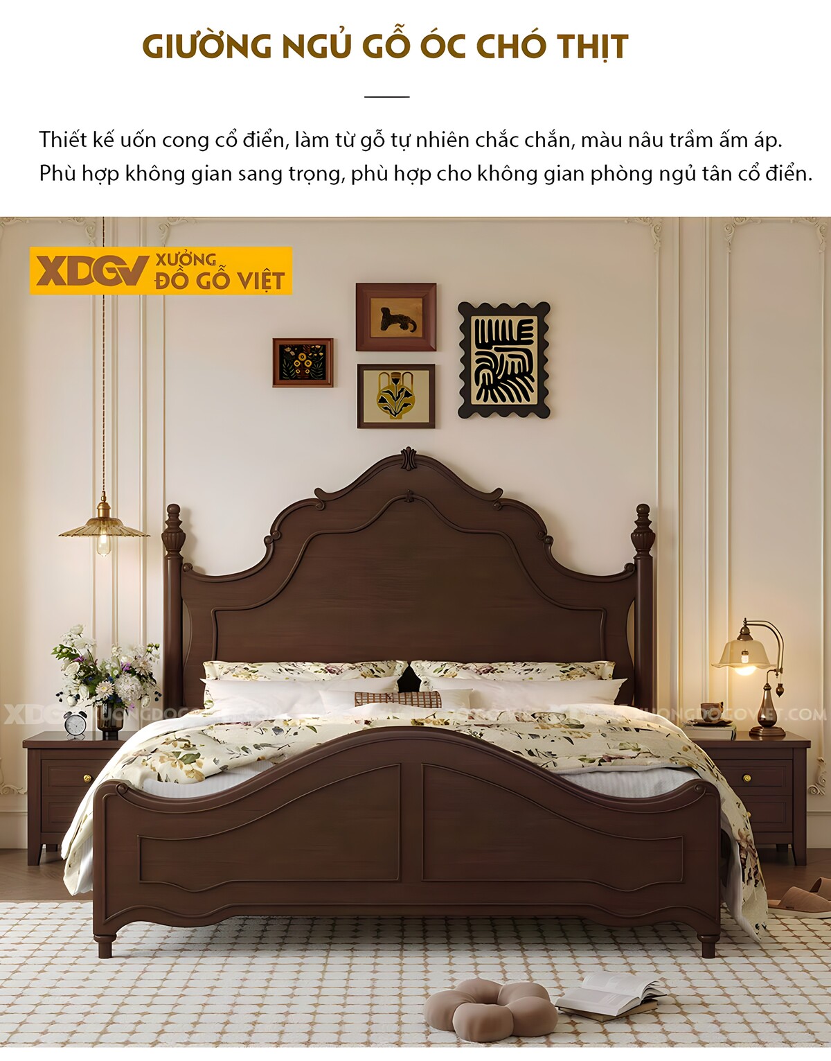 Giường Ngủ Óc Chó Cổ Điển Châu Âu Sang Trọng Đầu Vương Miện
