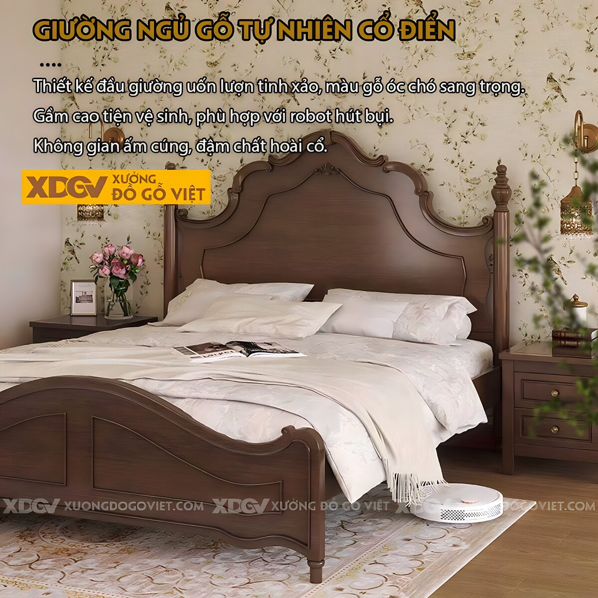 Giường Ngủ Óc Chó Cổ Điển Châu Âu Sang Trọng Đầu Vương Miện