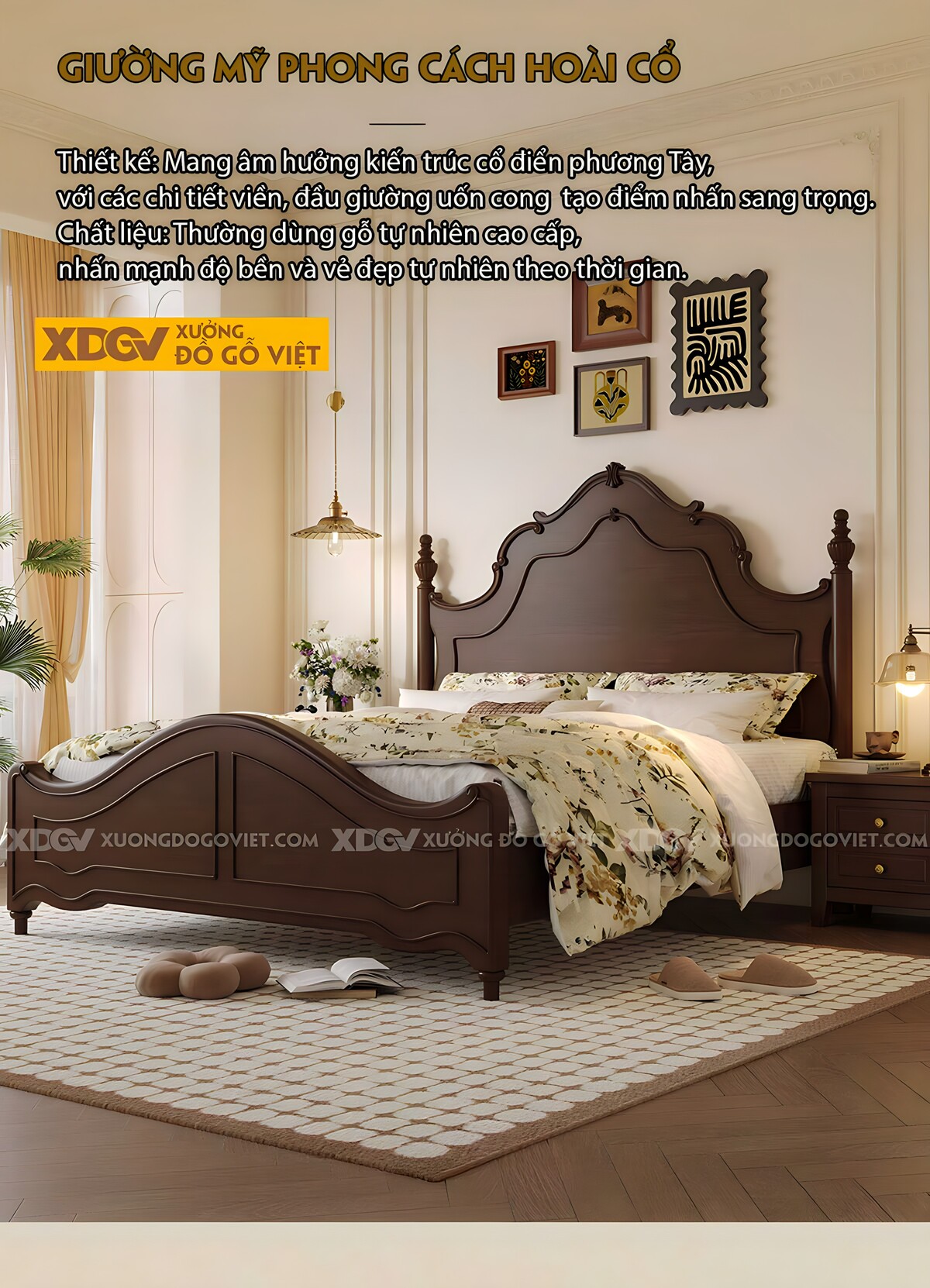 Giường Ngủ Óc Chó Cổ Điển Châu Âu Sang Trọng Đầu Vương Miện