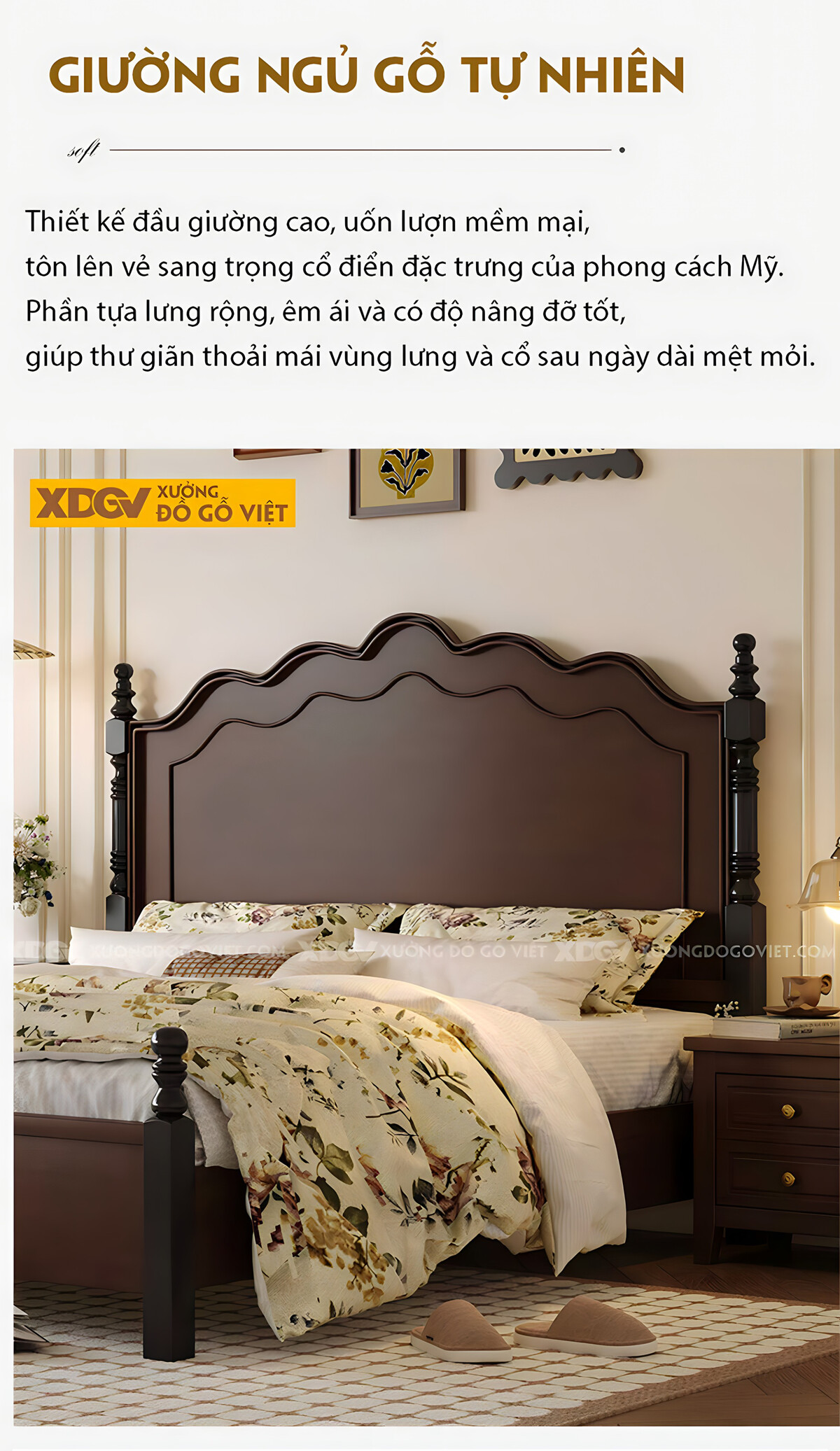 Giường Ngủ Óc Chó Cổ Điển Châu Âu Trụ Tiện Đầu Trên Gợn Sóng