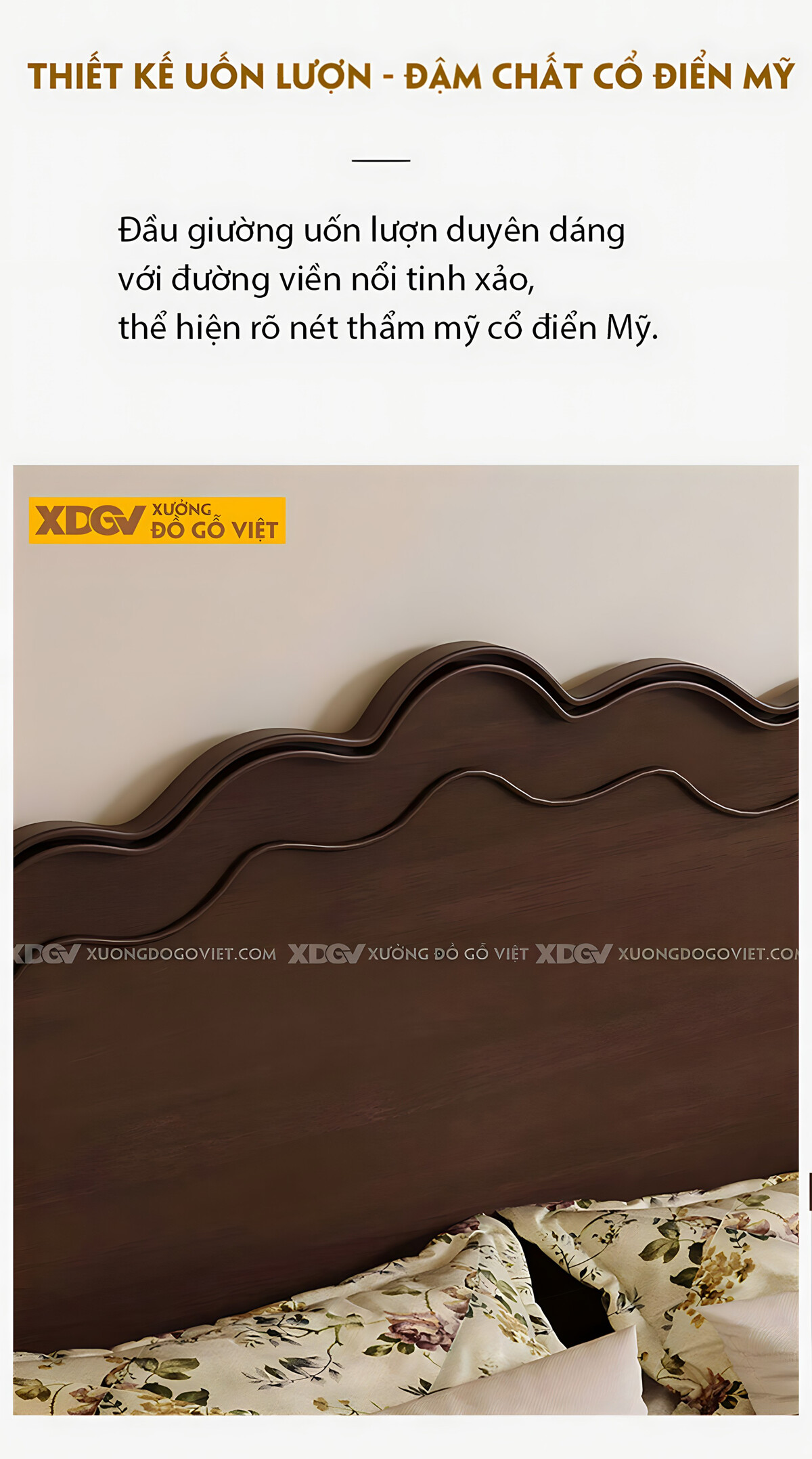 Giường Ngủ Óc Chó Cổ Điển Châu Âu Trụ Tiện Đầu Trên Gợn Sóng