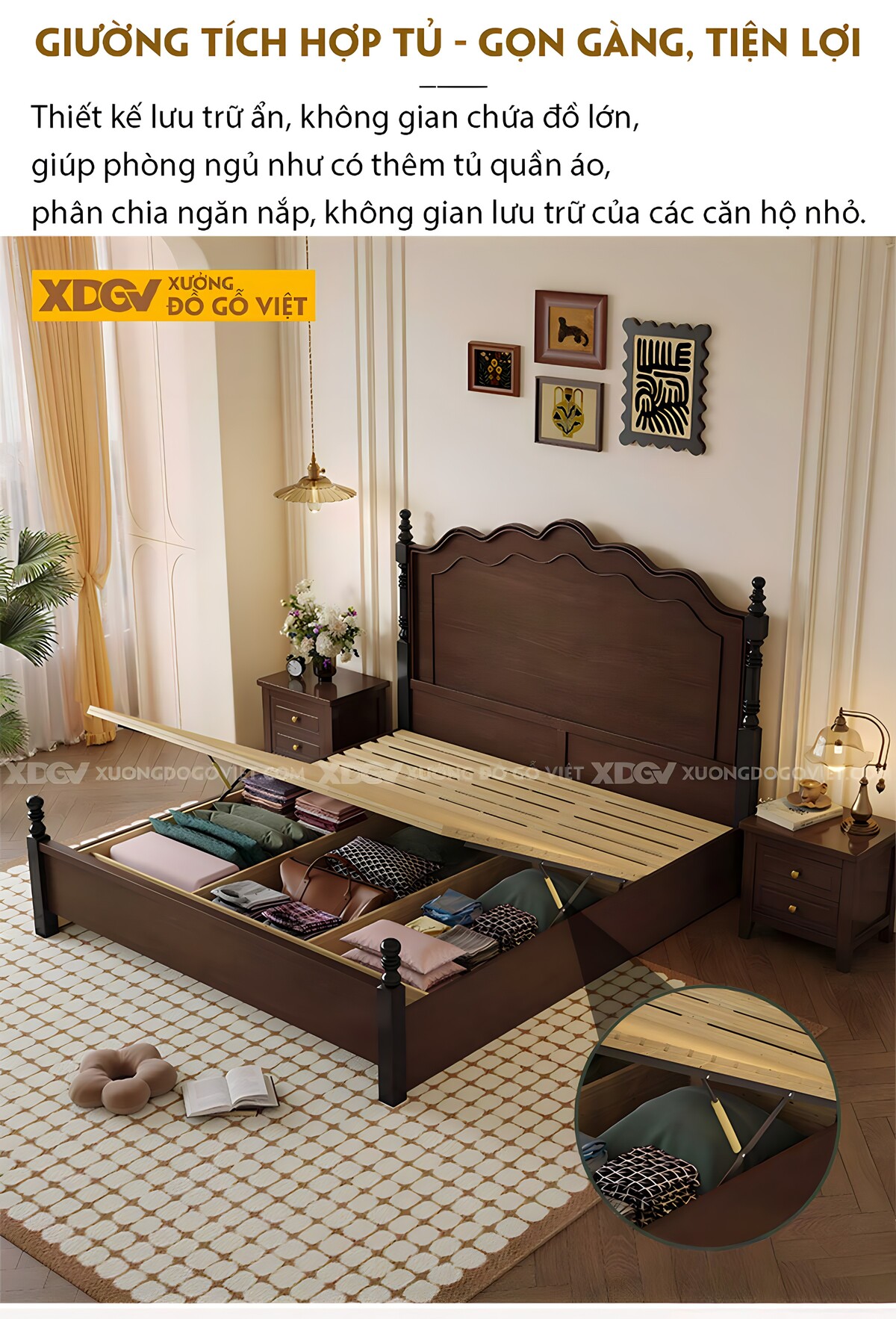 Giường Ngủ Óc Chó Cổ Điển Châu Âu Trụ Tiện Đầu Trên Gợn Sóng