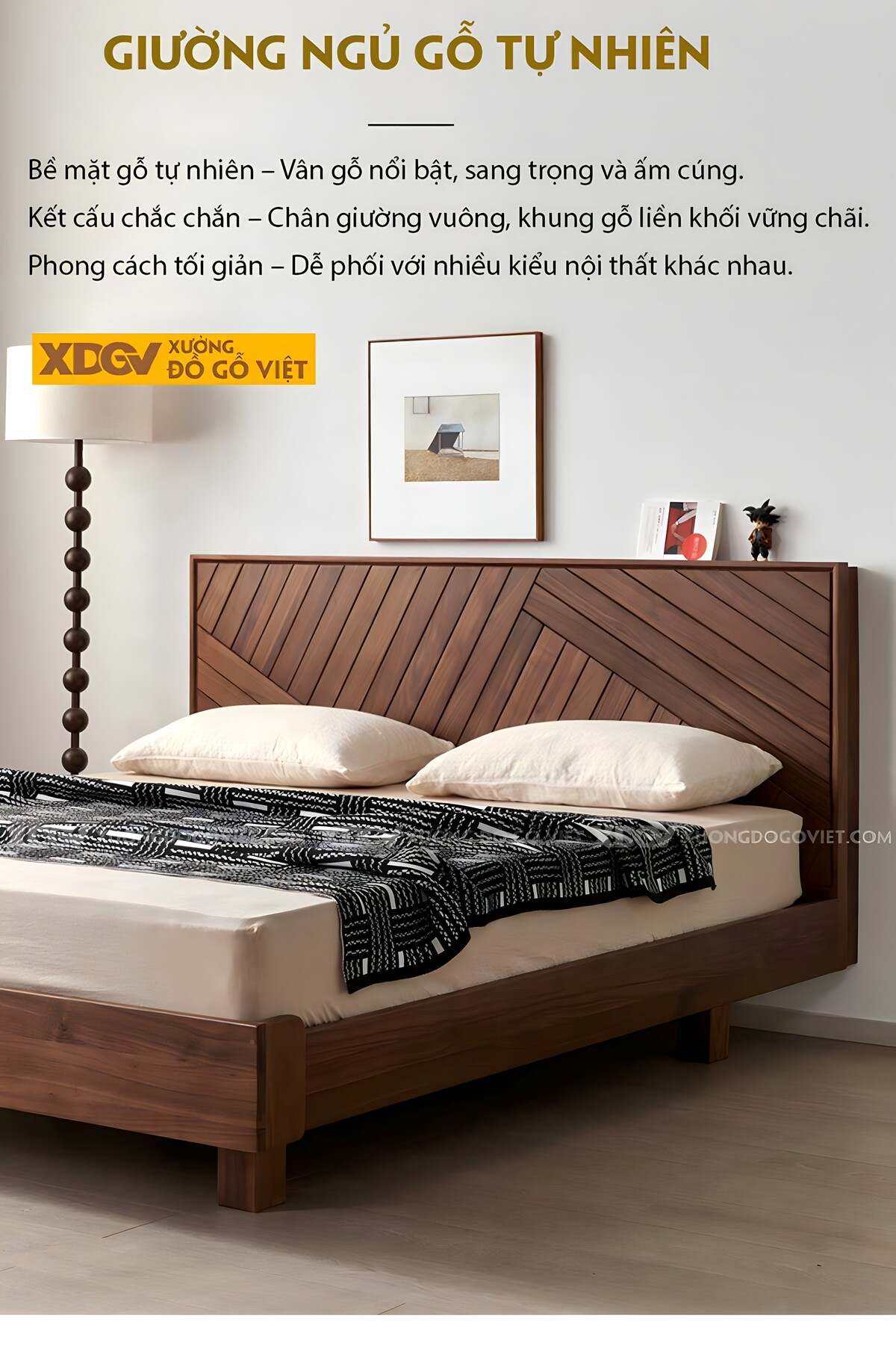 Giường Ngủ Óc Chó Dạng Hộp Giấu Chân Đầu Ghép Gỗ Đan Xen