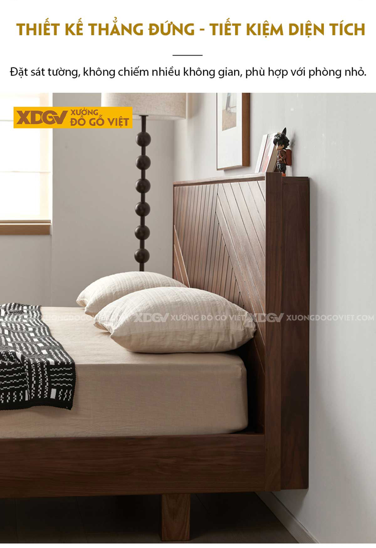 Giường Ngủ Óc Chó Dạng Hộp Giấu Chân Đầu Ghép Gỗ Đan Xen