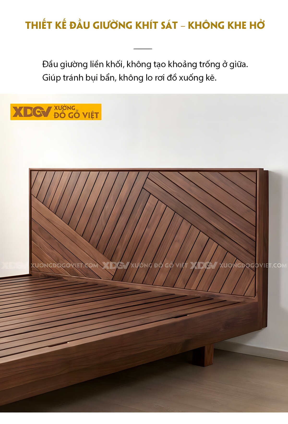 Giường Ngủ Óc Chó Dạng Hộp Giấu Chân Đầu Ghép Gỗ Đan Xen