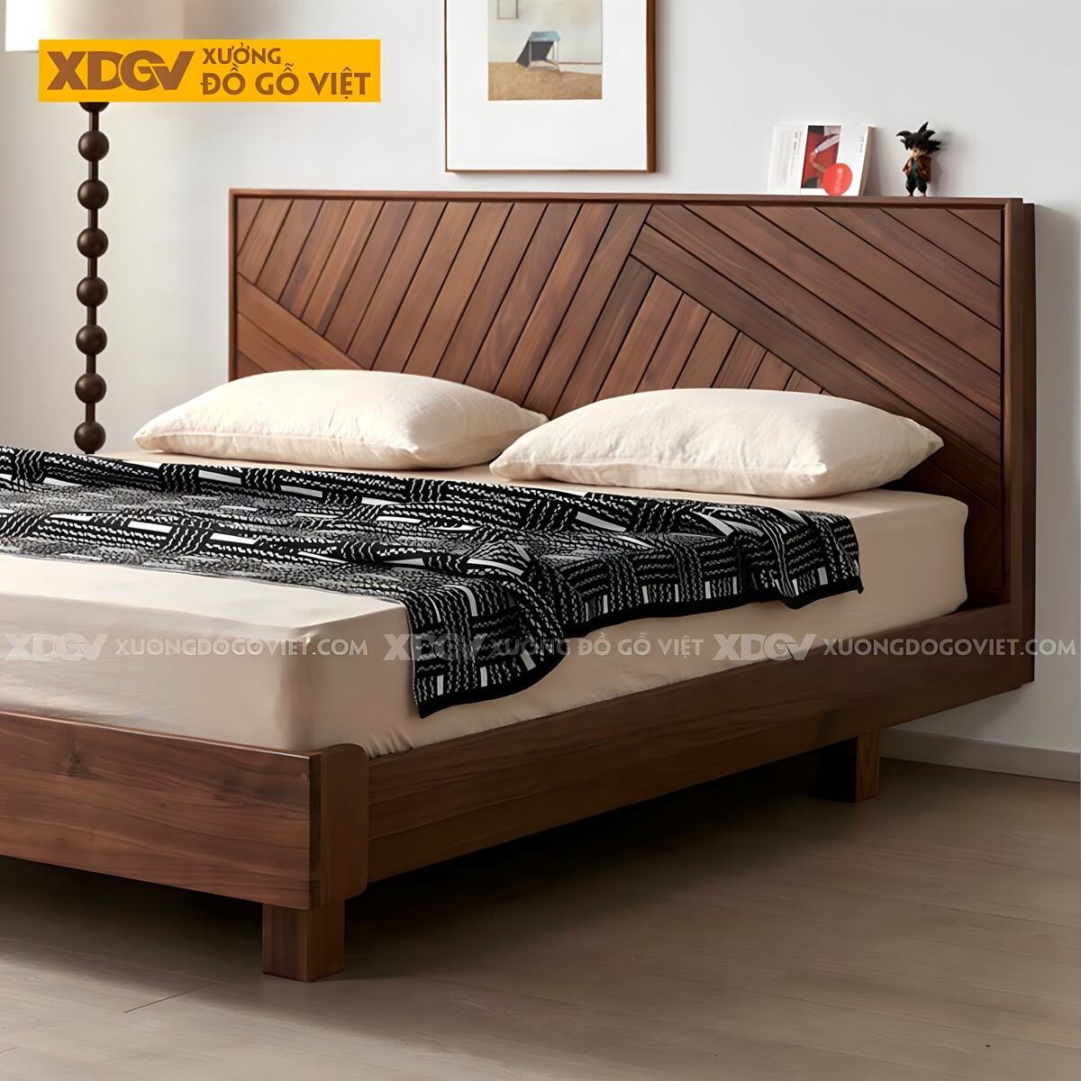 Giường Ngủ Óc Chó Dạng Hộp Giấu Chân Đầu Ghép Gỗ Đan Xen