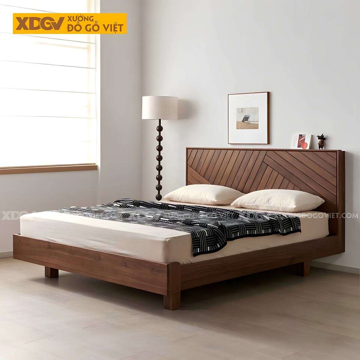 Giường Ngủ Óc Chó Dạng Hộp Giấu Chân Đầu Ghép Gỗ Đan Xen