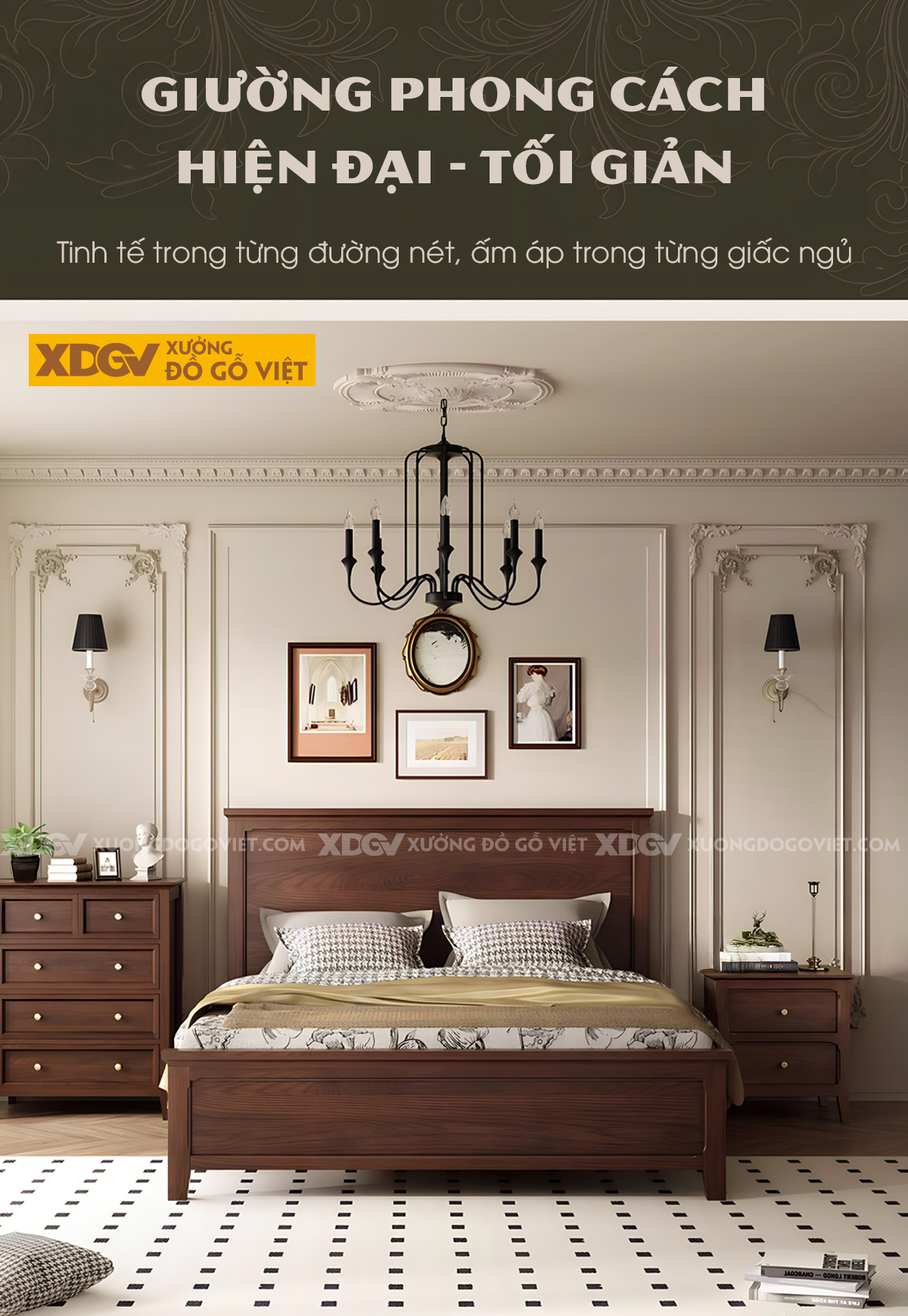 Giường Ngủ Veneer Sồi Cổ Điển Tối Giản Khung Pano Bao Viền