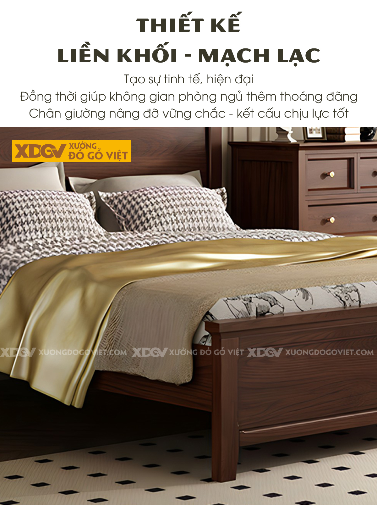 Giường Ngủ Veneer Sồi Cổ Điển Tối Giản Khung Pano Bao Viền