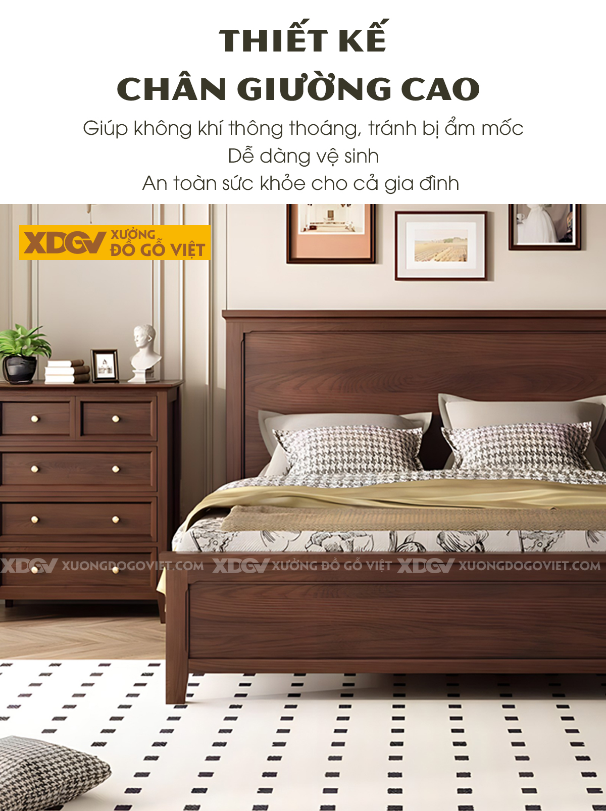 Giường Ngủ Veneer Sồi Cổ Điển Tối Giản Khung Pano Bao Viền