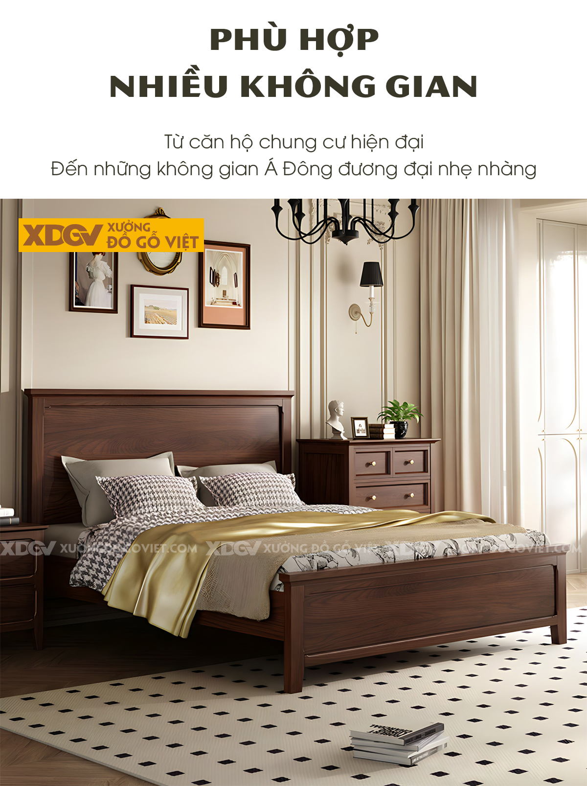 Giường Ngủ Veneer Sồi Cổ Điển Tối Giản Khung Pano Bao Viền