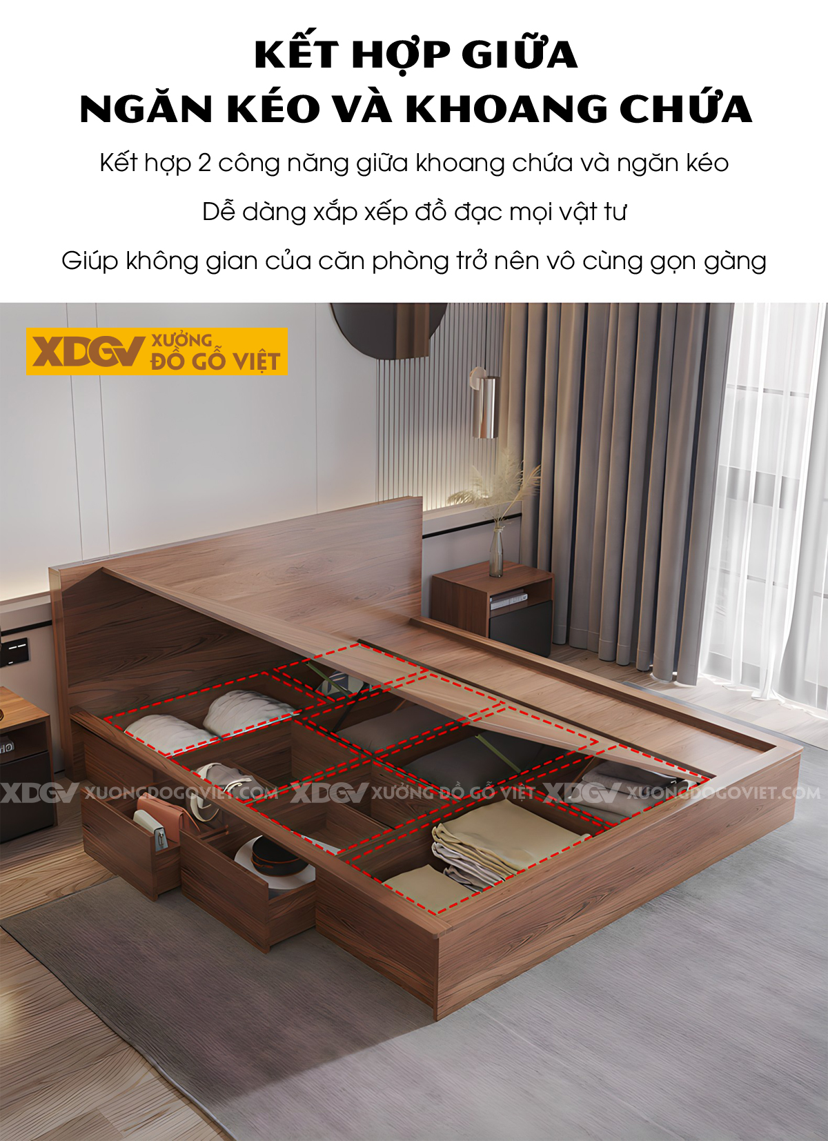 Giường Ngủ Veneer Sồi Hiện Đại Dạng Hộp Viền Ngoài Lọt Lòng