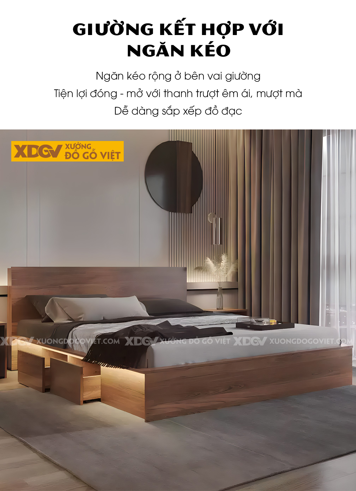 Giường Ngủ Veneer Sồi Hiện Đại Dạng Hộp Viền Ngoài Lọt Lòng