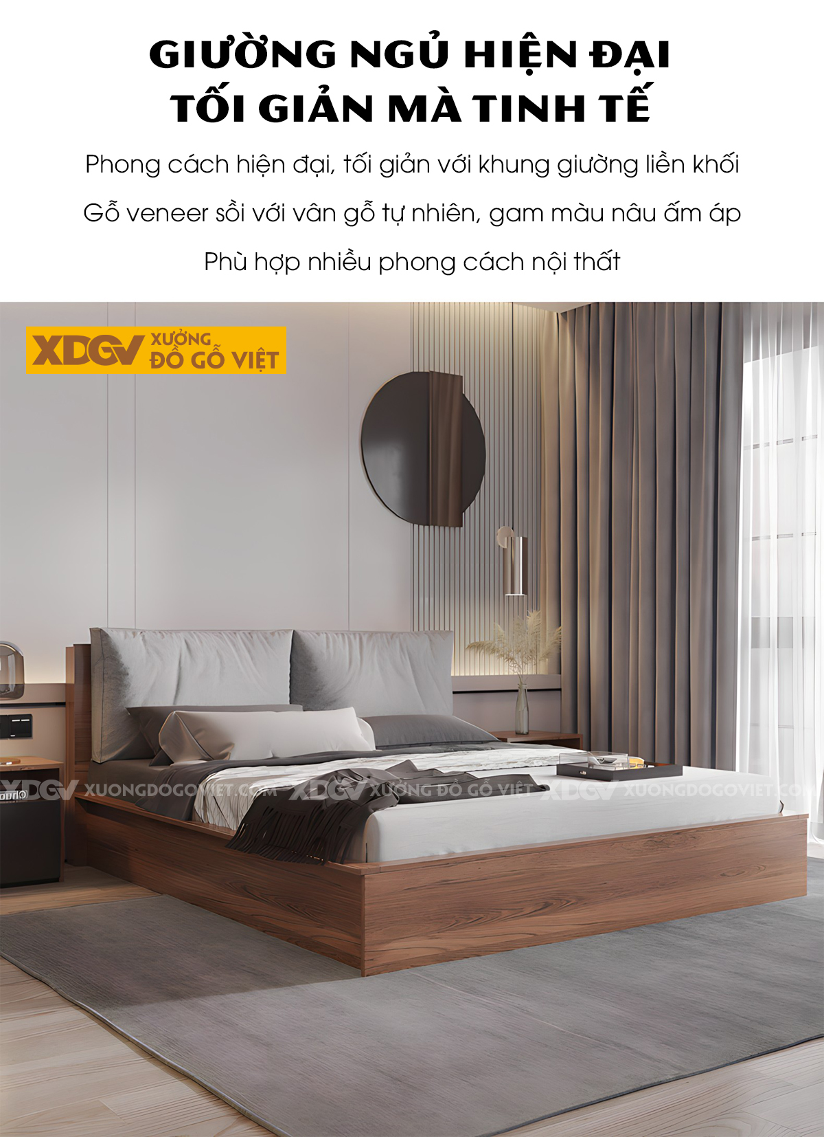 Giường Ngủ Veneer Sồi Hiện Đại Dạng Hộp Viền Ngoài Lọt Lòng