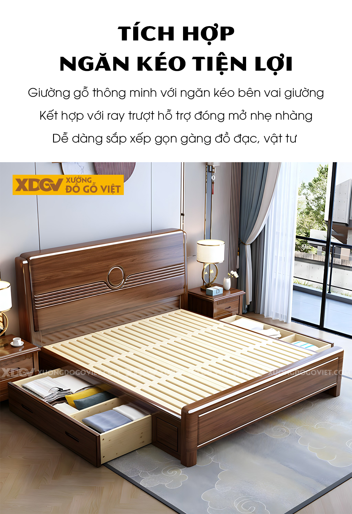 Giường Ngủ Xoan Đào Bo Góc Vững Chãi Đầu Rãnh Ngang Tâm Tròn