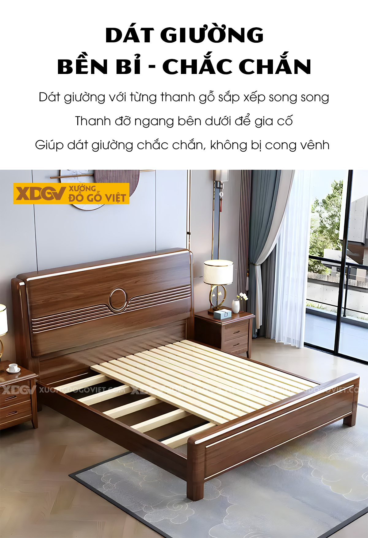 Giường Ngủ Xoan Đào Bo Góc Vững Chãi Đầu Rãnh Ngang Tâm Tròn