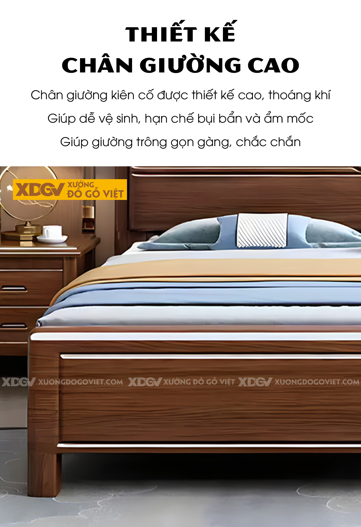 Giường Ngủ Xoan Đào Bo Góc Vững Chãi Đầu Rãnh Ngang Tâm Tròn