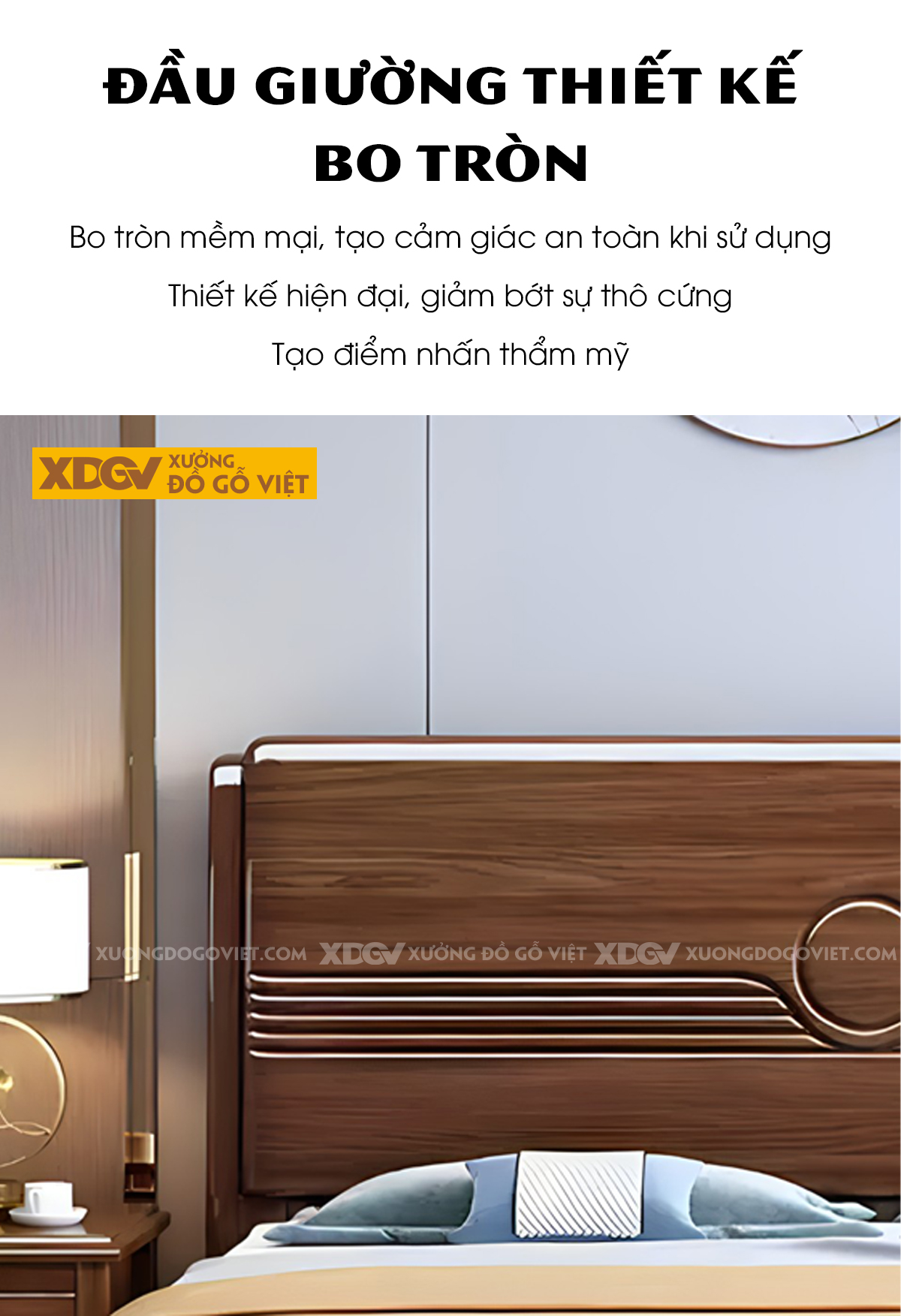 Giường Ngủ Xoan Đào Bo Góc Vững Chãi Đầu Rãnh Ngang Tâm Tròn