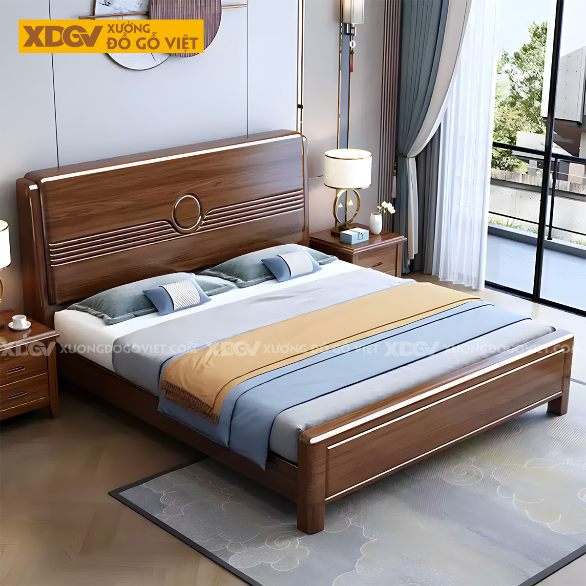 Giường Ngủ Xoan Đào Bo Góc Vững Chãi Đầu Rãnh Ngang Tâm Tròn