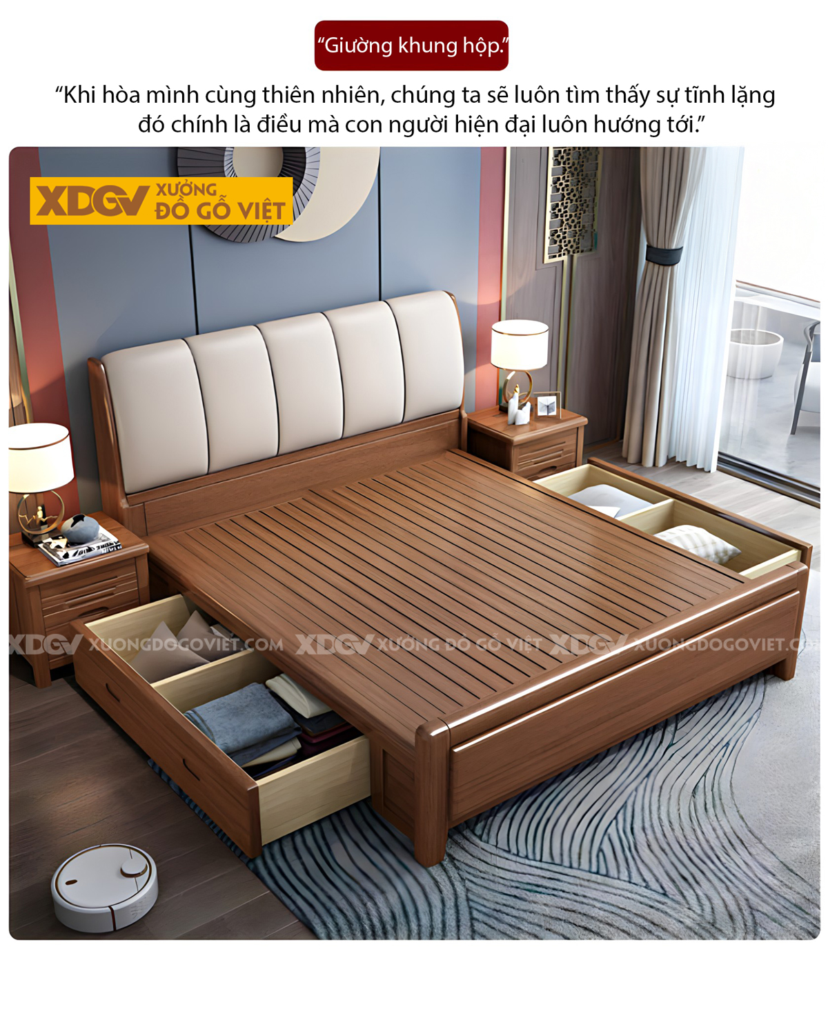 Giường Phòng Ngủ Gỗ Lim Sang Trọng Đầu Ốp Nệm Dày Rút Múi