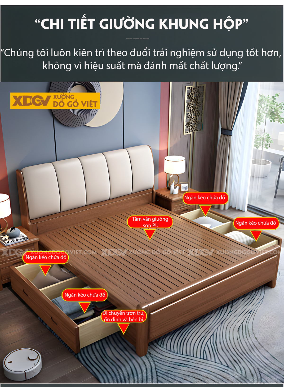 Giường Phòng Ngủ Gỗ Lim Sang Trọng Đầu Ốp Nệm Dày Rút Múi