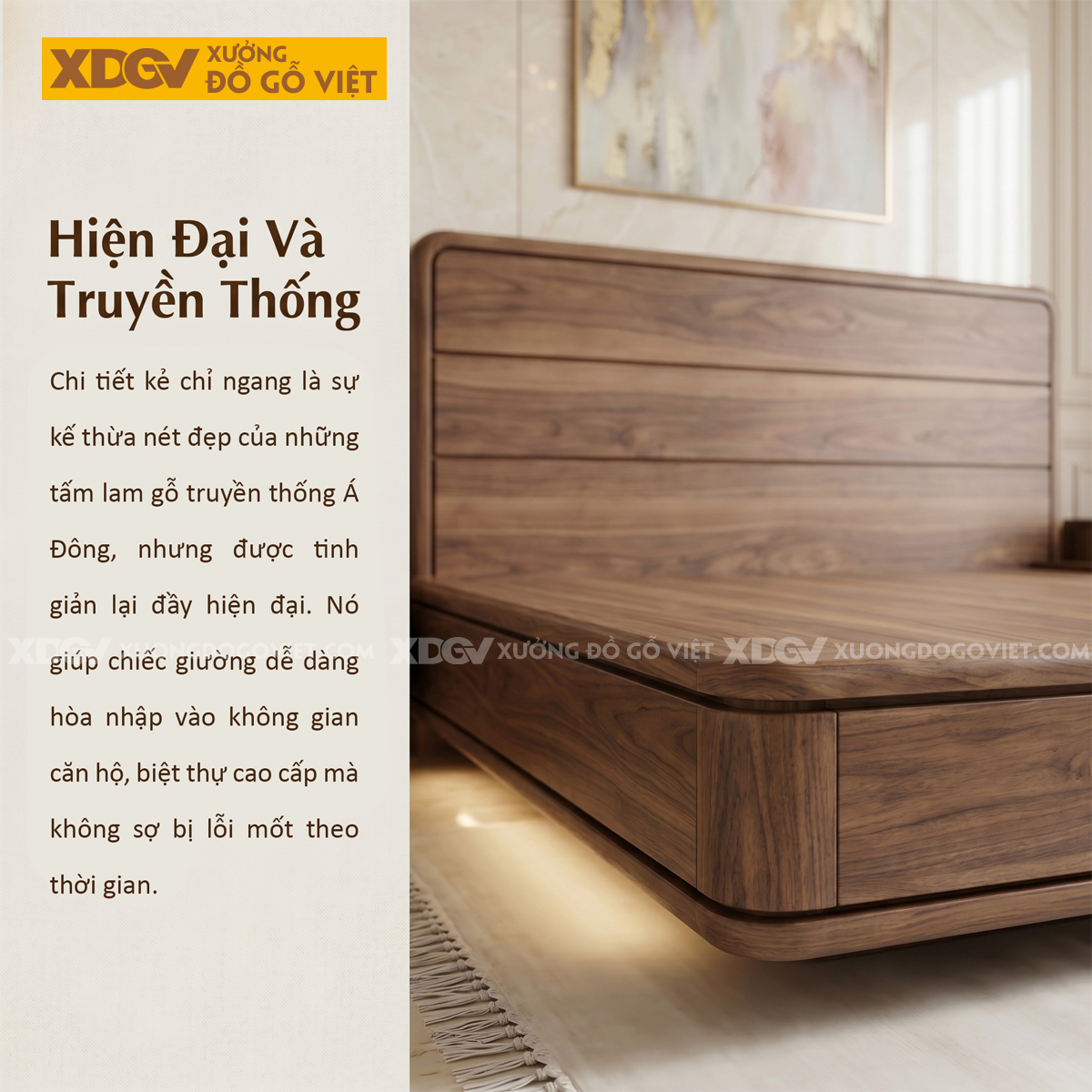 Giường Vân Óc Chó Thiết Kế Ôm Bo Âm Rãnh Tối Giản Sang Trọng