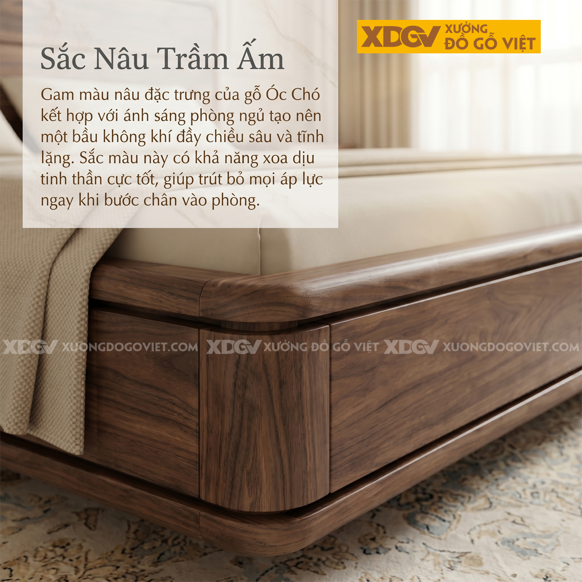 Giường Vân Óc Chó Thiết Kế Ôm Bo Âm Rãnh Tối Giản Sang Trọng