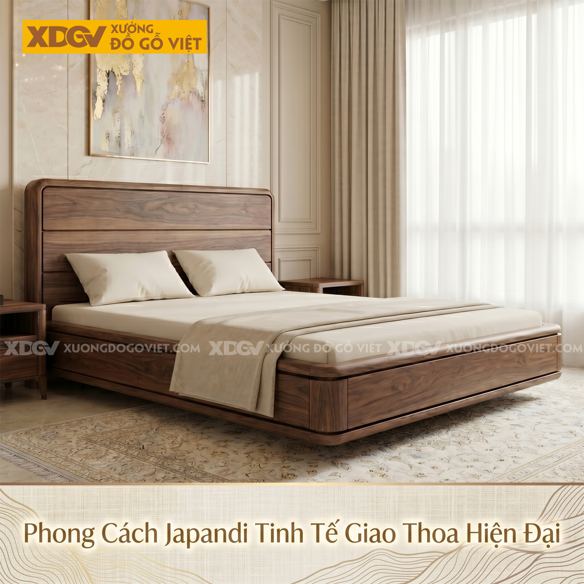 Giường Vân Óc Chó Thiết Kế Ôm Bo Âm Rãnh Tối Giản Sang Trọng
