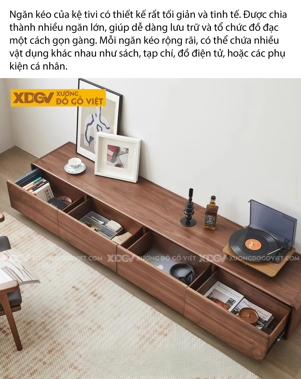 Kệ Để Tivi Gỗ Óc Chó Bo Cong Mềm Mại Dạng Sát Sàn Sang Trọng