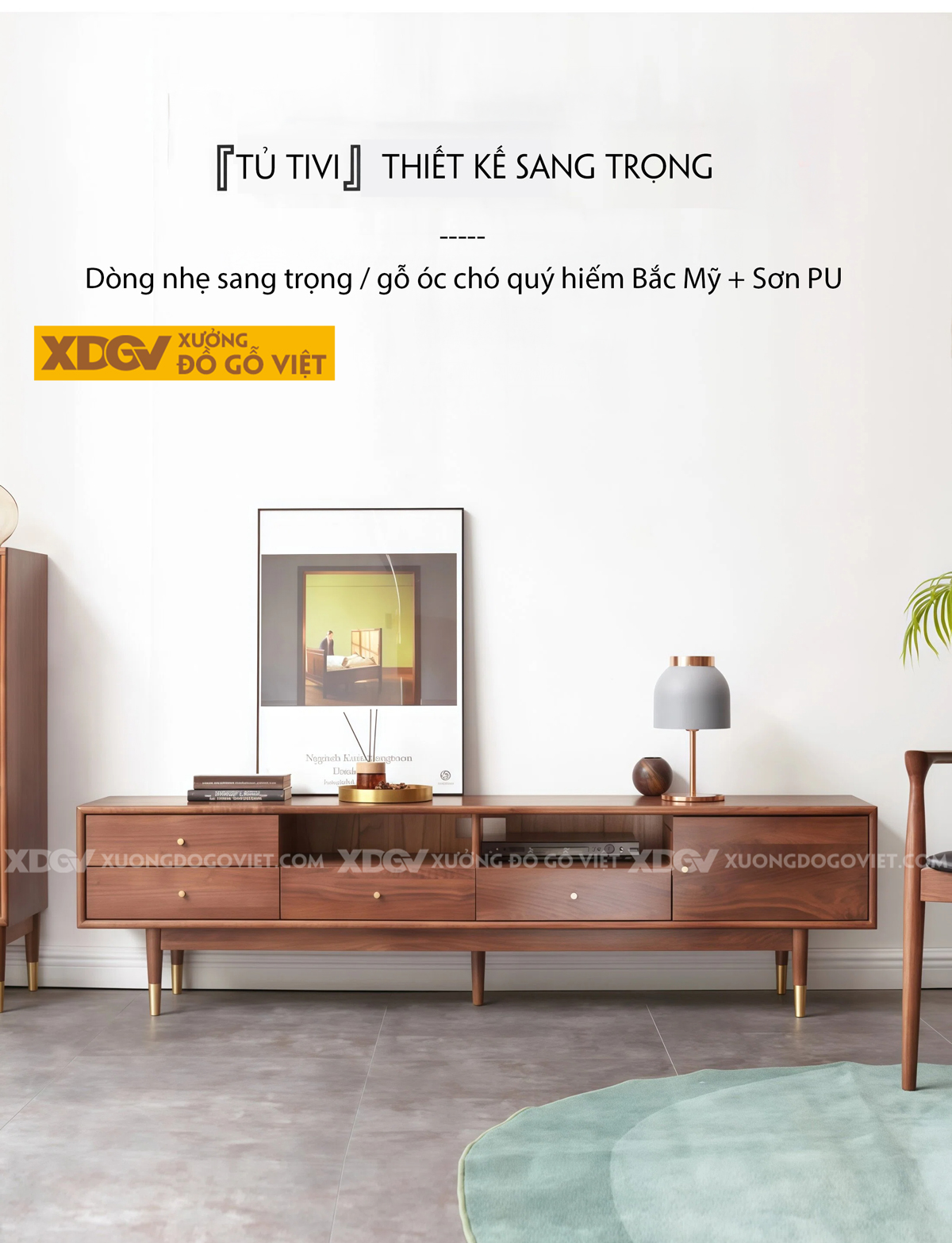 Kệ Để Tivi Gỗ Óc Chó Chân Cao Hiện Đại Ngăn Kéo Trung Tâm