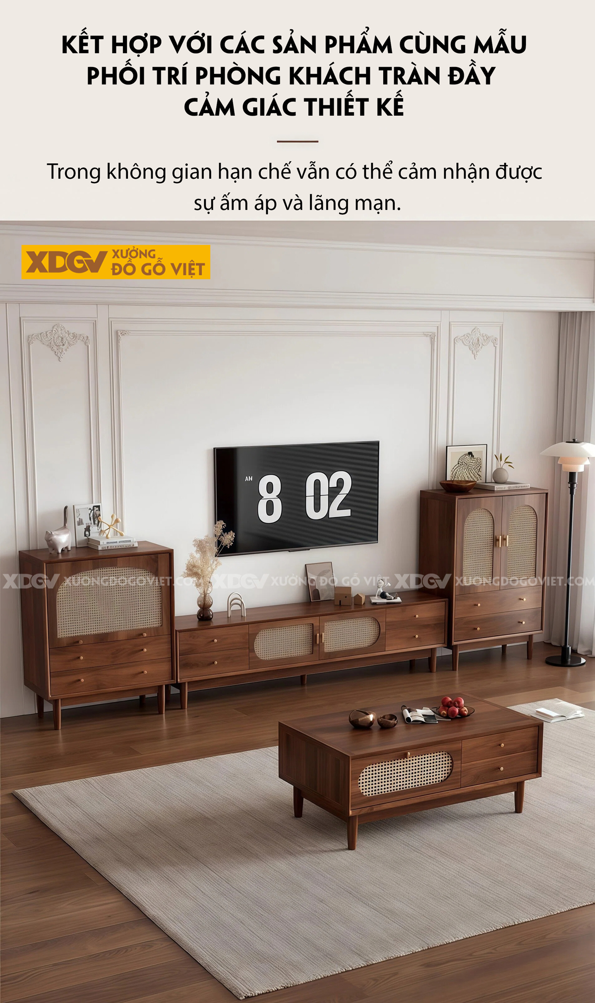 Kệ Để Tivi Gỗ Óc Chó Đan Mây Phong Cách Tối Giản Hiện Đại