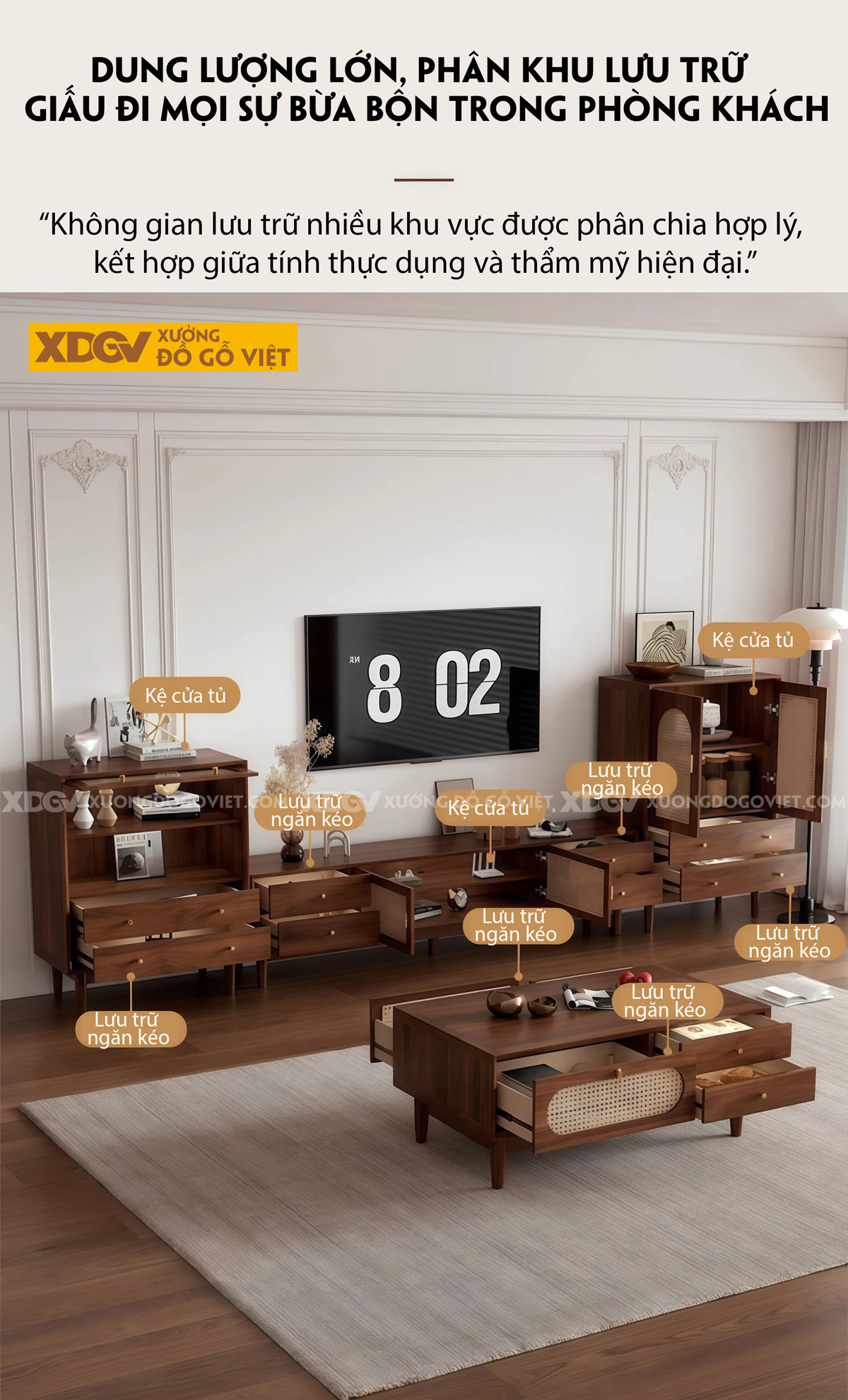 Kệ Để Tivi Gỗ Óc Chó Đan Mây Phong Cách Tối Giản Hiện Đại