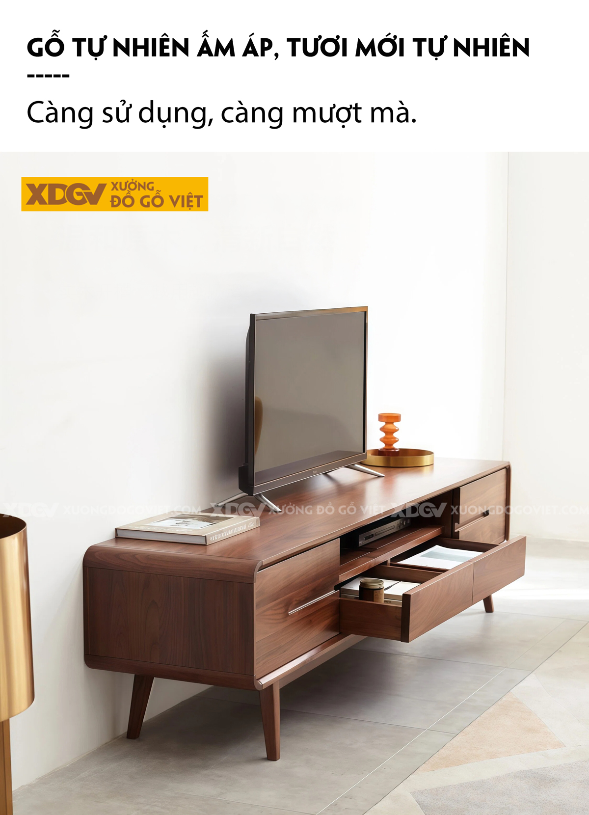 Kệ Để Tivi Gỗ Óc Chó Dáng Bo Tròn Tối Giản Chân Cao Tinh Tế
