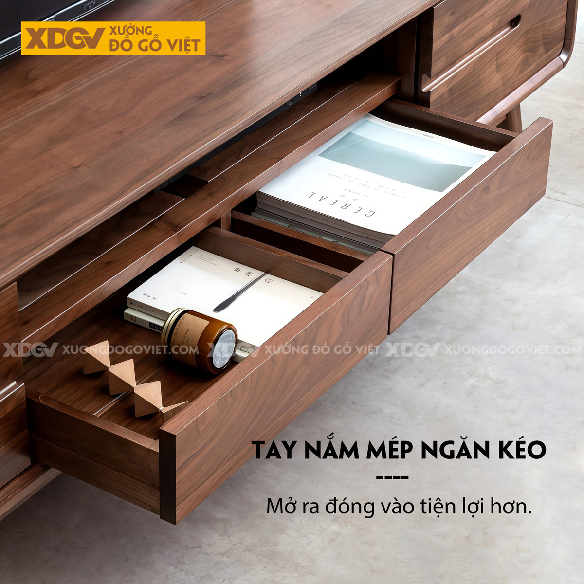 Kệ Để Tivi Gỗ Óc Chó Dáng Bo Tròn Tối Giản Chân Cao Tinh Tế