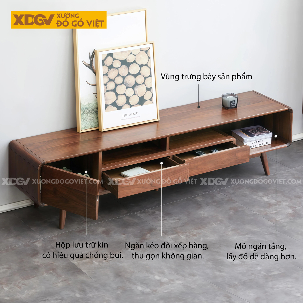 Kệ Để Tivi Gỗ Óc Chó Kiểu Bắc Âu Khung Bo Cong Chân Vát