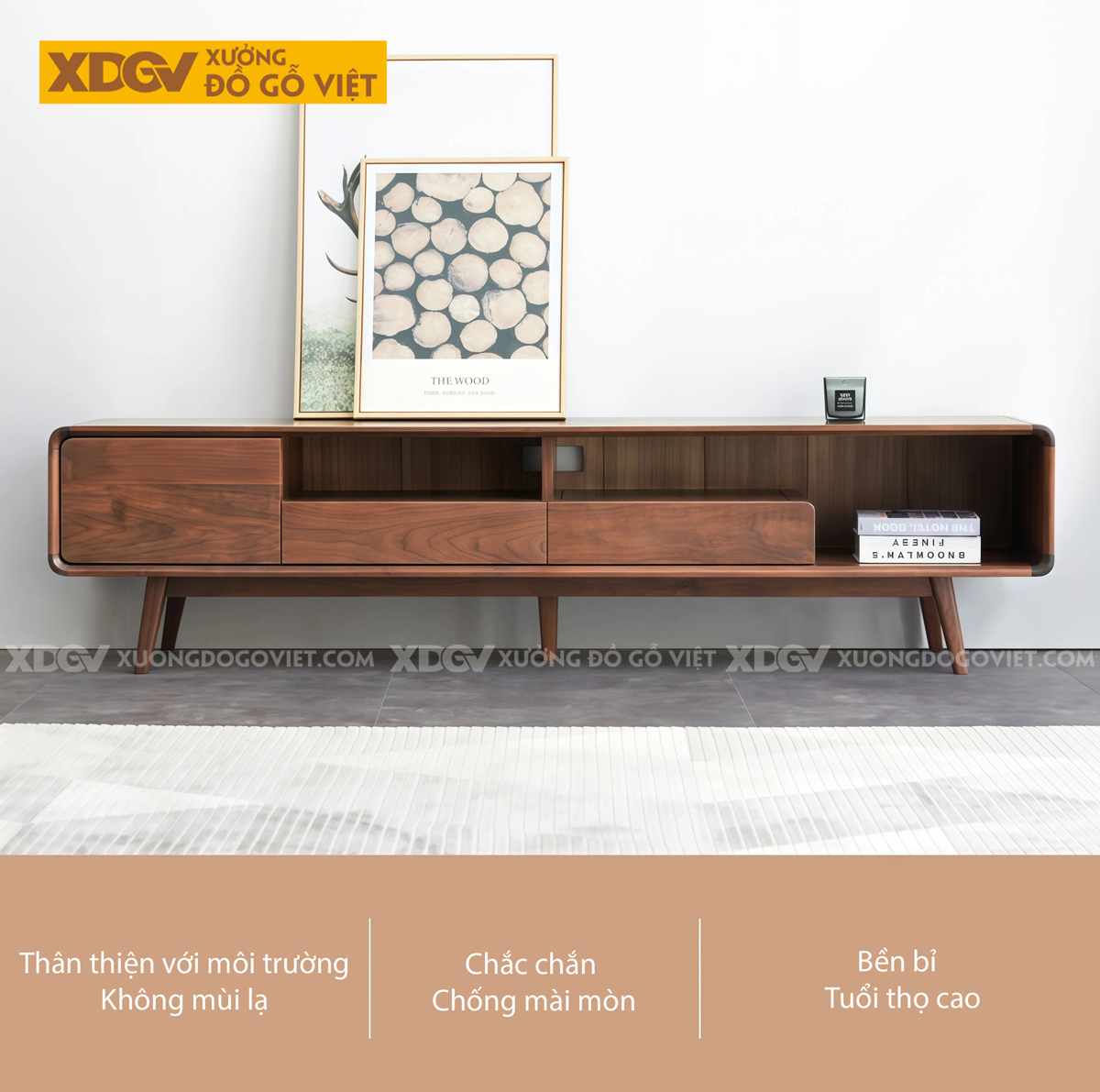 Kệ Để Tivi Gỗ Óc Chó Kiểu Bắc Âu Khung Bo Cong Chân Vát