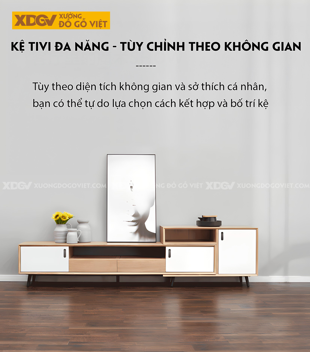 Kệ Để Tivi Gỗ Sồi Mỹ Ghép Lệch Tầng Tối Ưu Không Gian