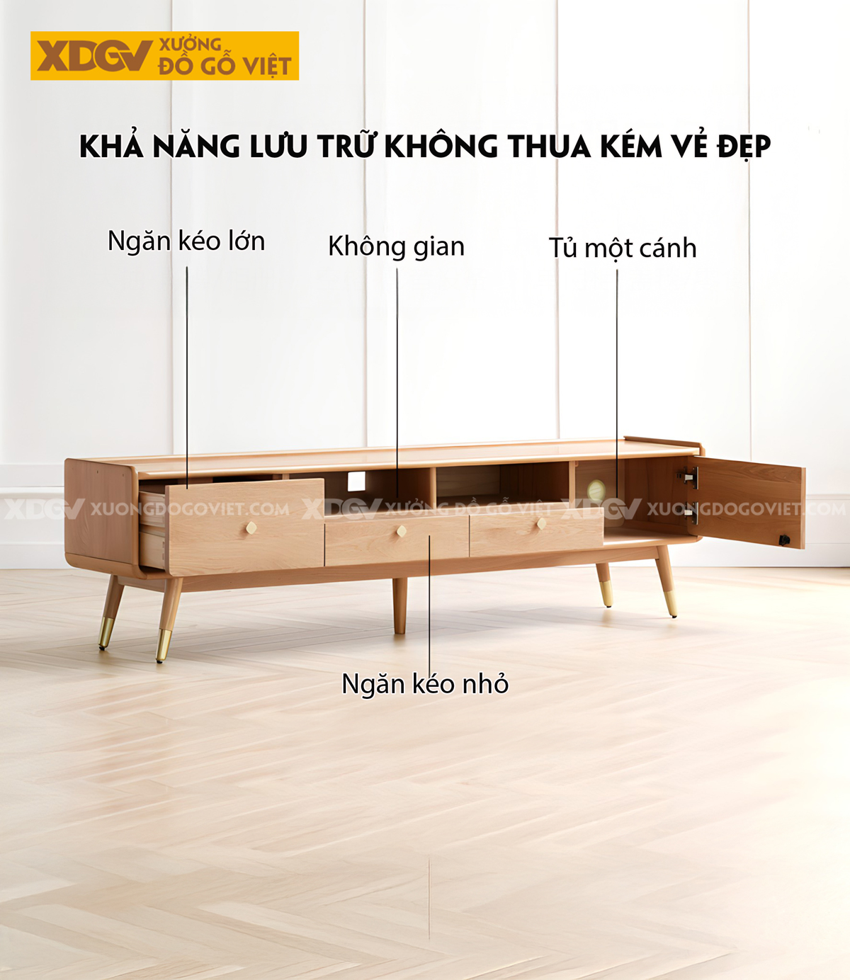 Kệ Để Tivi Gỗ Sồi Phòng Khách Chân Cao Đầu Bọc Kim Loại