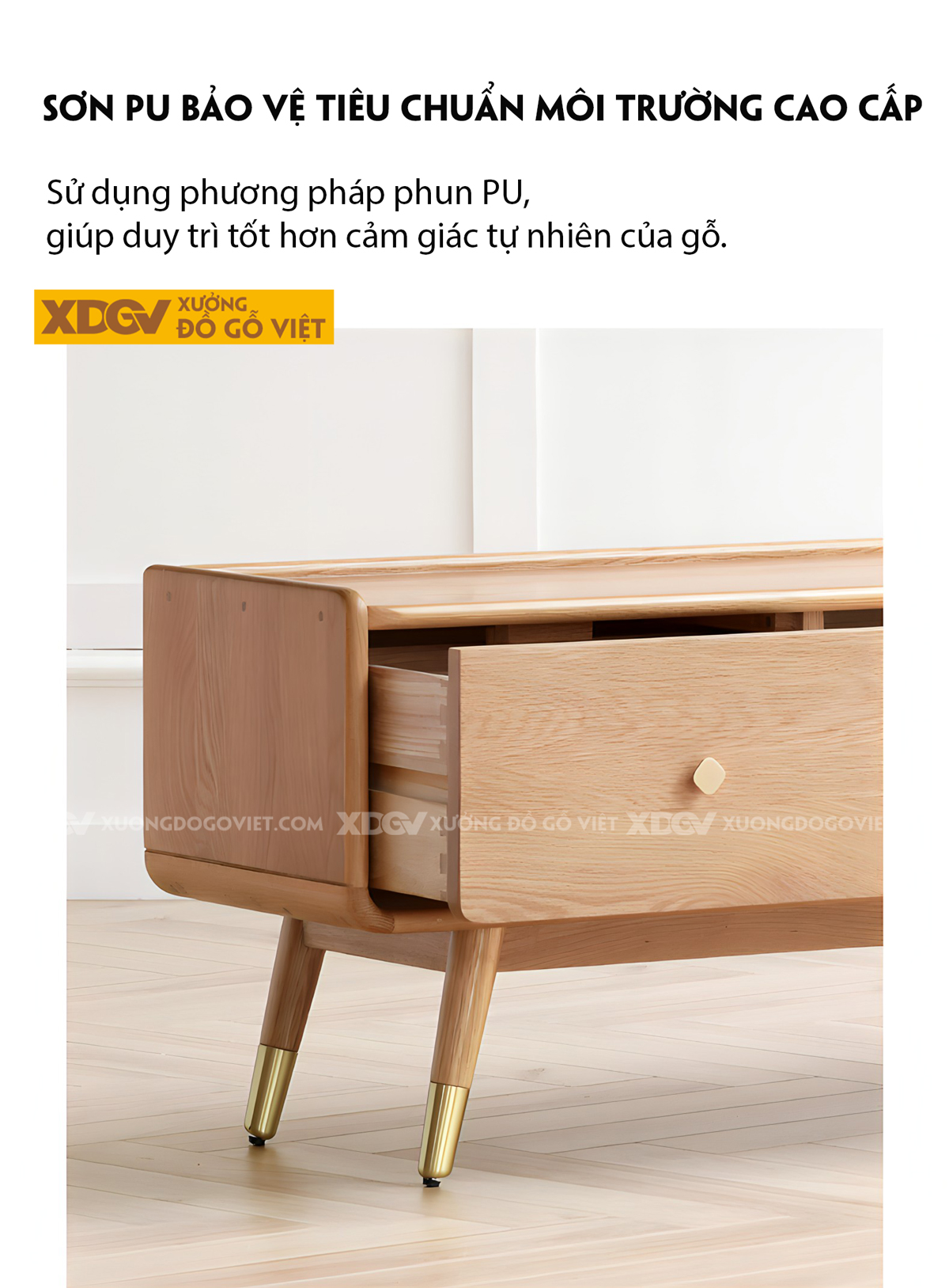 Kệ Để Tivi Gỗ Sồi Phòng Khách Chân Cao Đầu Bọc Kim Loại