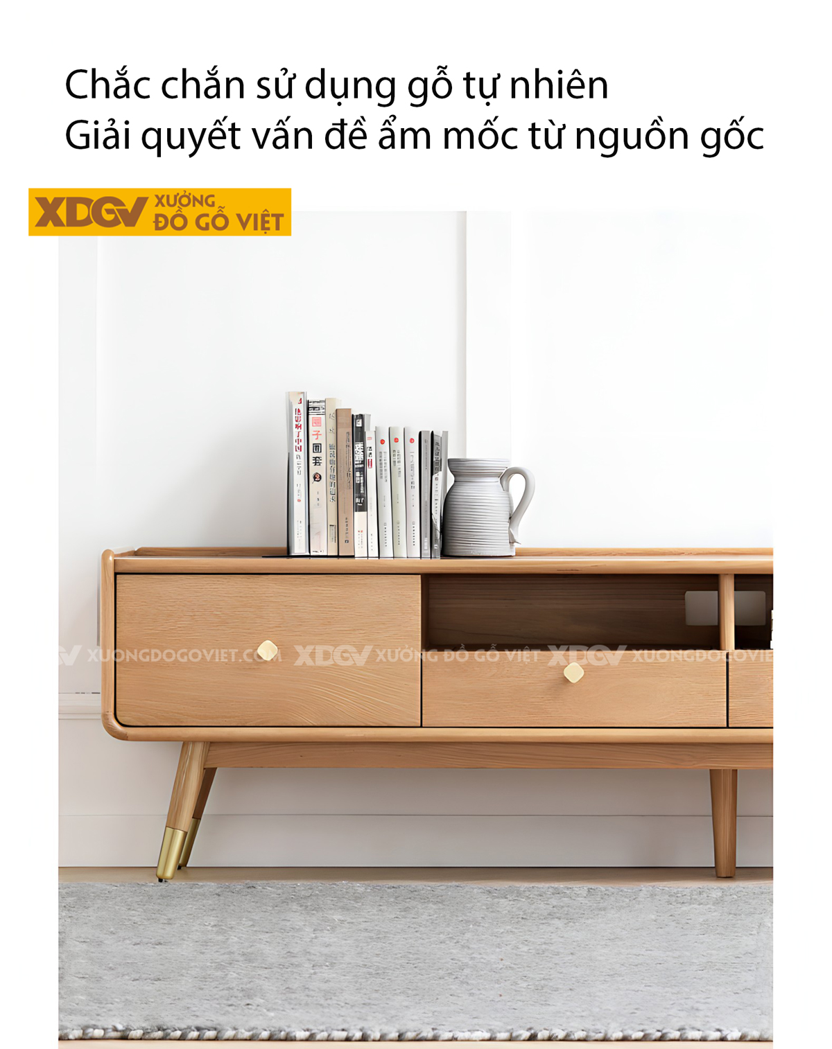 Kệ Để Tivi Gỗ Sồi Phòng Khách Chân Cao Đầu Bọc Kim Loại